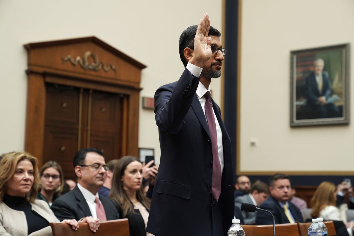 Google CEO Sundar Pichai holds up his right hand to be sworn in before the House Judiciary Committee.