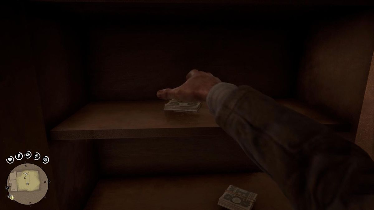 Investigate the portrait near the front door to find the cabinet where your money was hidden.