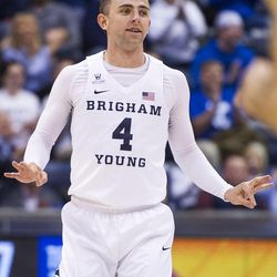 Brigham Young guard Nick Emery (4) celebrates a 3-pointer during an NCAA college basketball game against Cal State Bakersfield in Provo on Thursday, Dec. 22, 2016. Brigham Young held off Cal State Bakersfield for the win with a final score of 81-71.