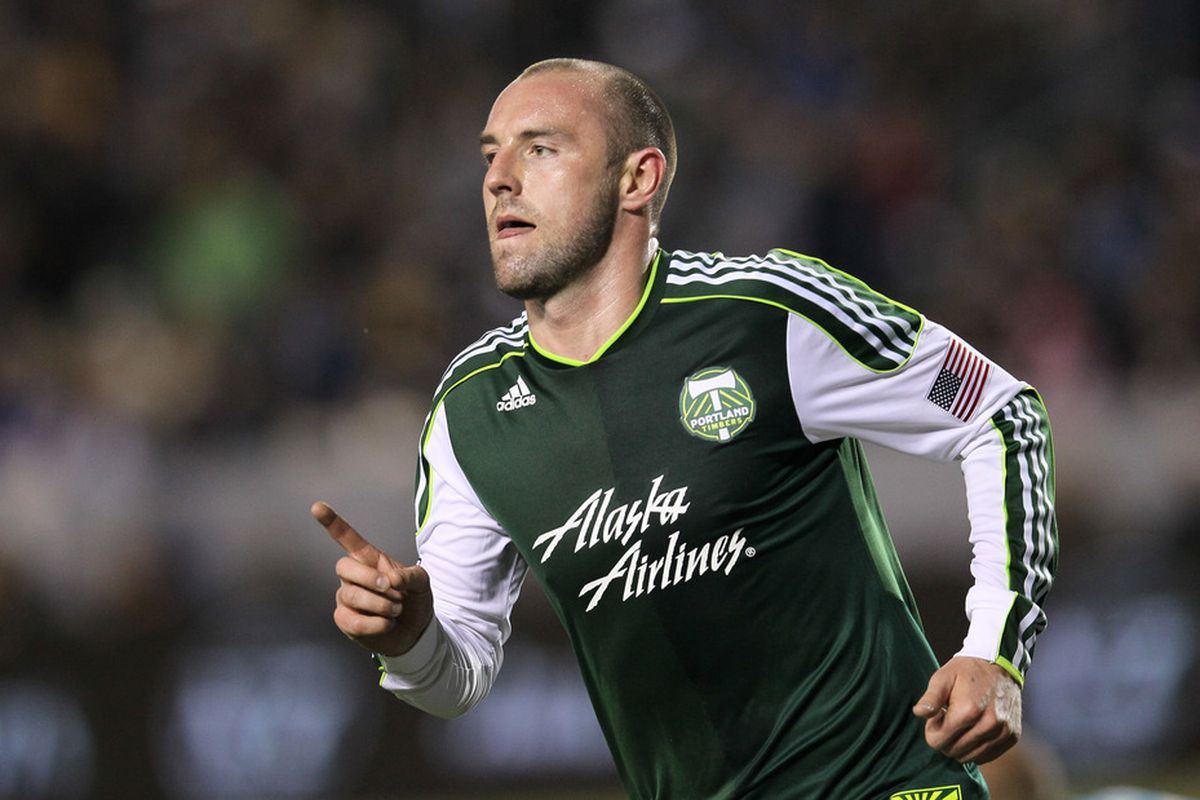 CARSON, CA - APRIL 14:  Kris Boyd #9 of the Portland Timbers celebrates after scoring a goal against the Los Angeles Galaxy  in the first half at The Home Depot Center on April 14, 2012 in Carson, California.  (Photo by Stephen Dunn/Getty Images)