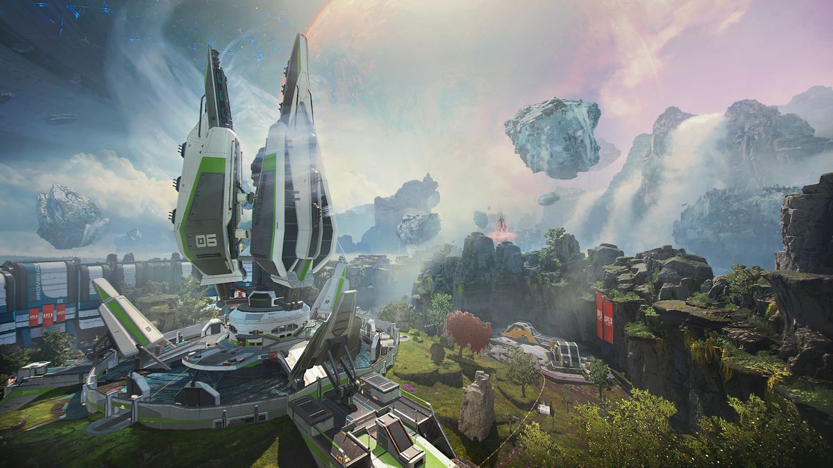 the loading screen for Broken Moon, the new map in Apex Legends Season 15. A large terraforming device with three huge spires is in the center-left; a floating piece of space debris hangs in the atmosphere over a wooded landscape.