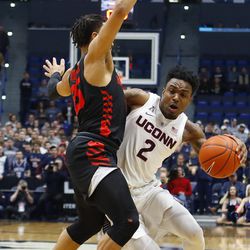 The Houston Cougars take on the UConn Huskies in a men’s college basketball game at the XL Center in Hartford, CT on February 14, 2019.