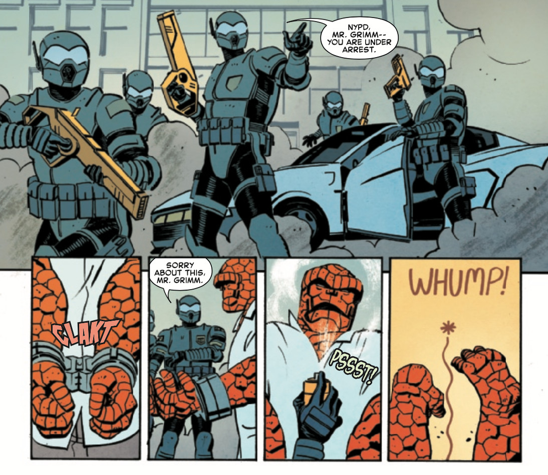 The Thing #1 (2021), Marvel Comics. NYPD in special gear show up to arrest Ben Grimm, The Thing