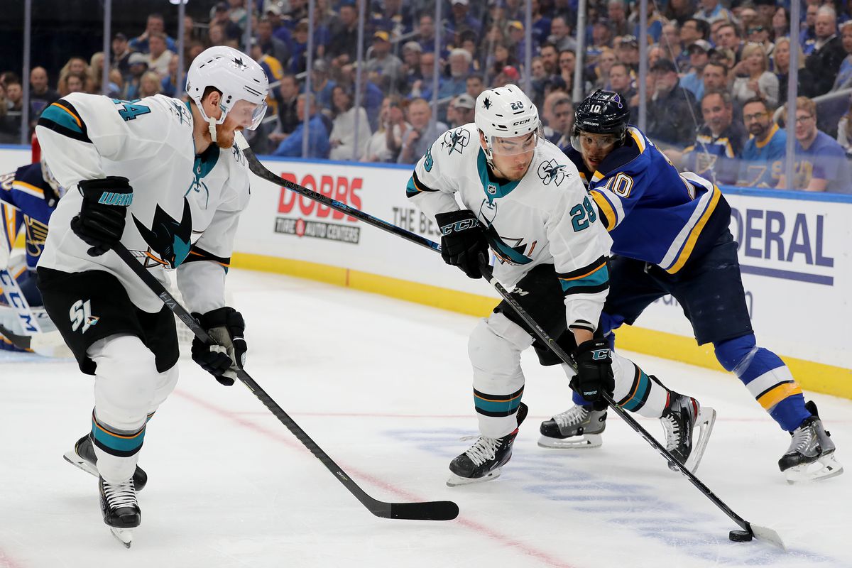 ST LOUIS, MISSOURI - MAY 15: Timo Meier #28 of the San Jose Sharks fights for the puck against Brayden Schenn #10 of the St. Louis Blues during the first period in Game Three of the Western Conference Finals during the 2019 NHL Stanley Cup Playoffs at Enterprise Center on May 15, 2019 in St Louis, Missouri.