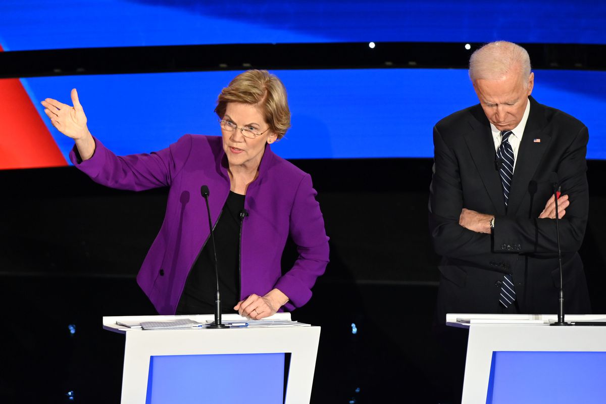 Warren at the seventh Democratic debate.