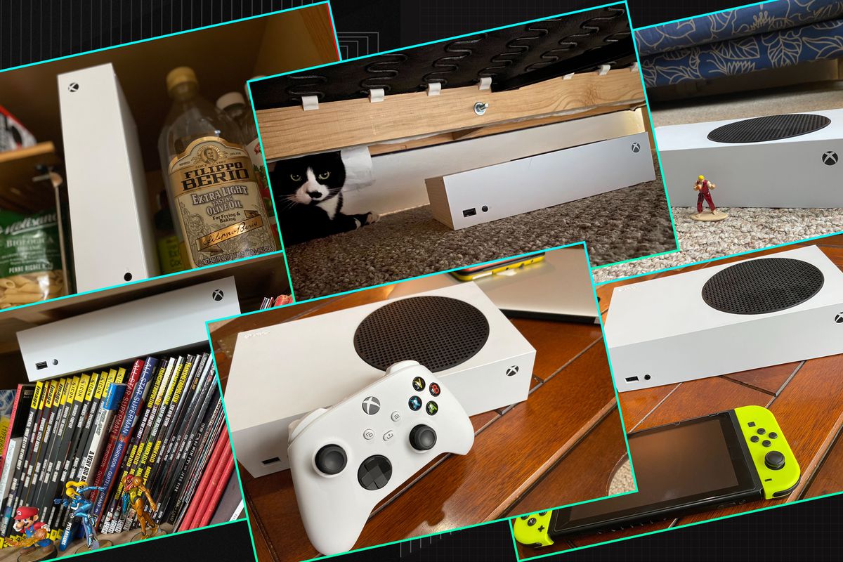 Graphic featuring six different photos of the Xbox-S with various household objects for size comparisons