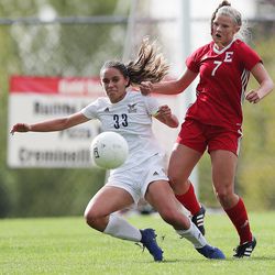 Skyline’s Jayda Masina and East’s Grace Bergstedt work to control the ball as they play to a 3-3 draw in overtime at East in Salt Lake City on Tuesday, Sept. 10, 2019.