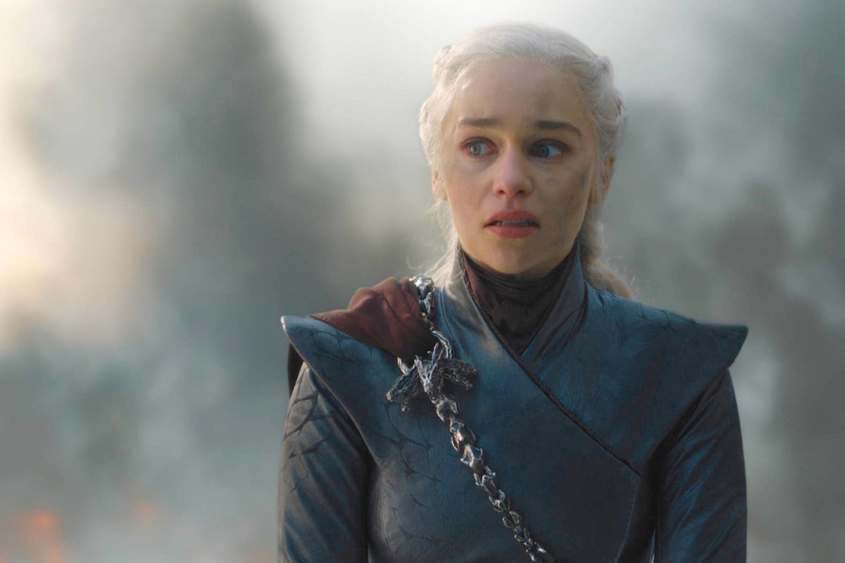 Daenerys giving serious side eye as smoke billows behind her in season 8 of Game of Thrones