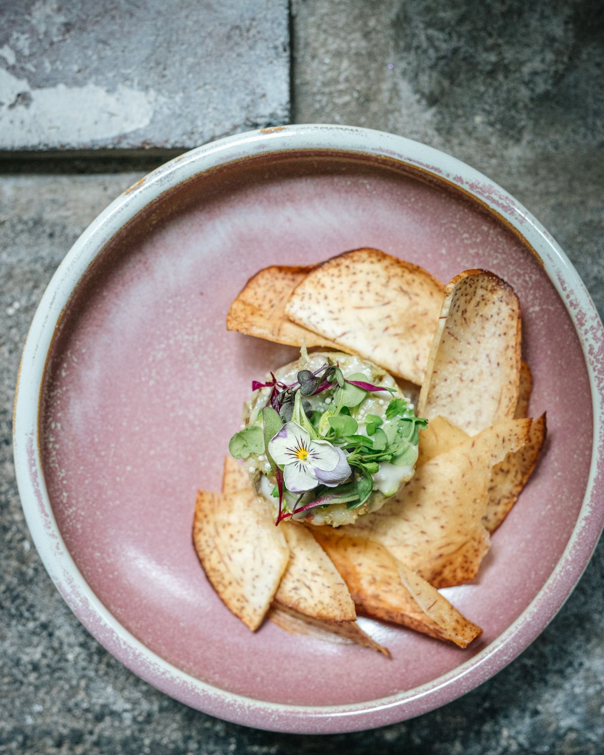 top view of pink plate with tartare and taro chips