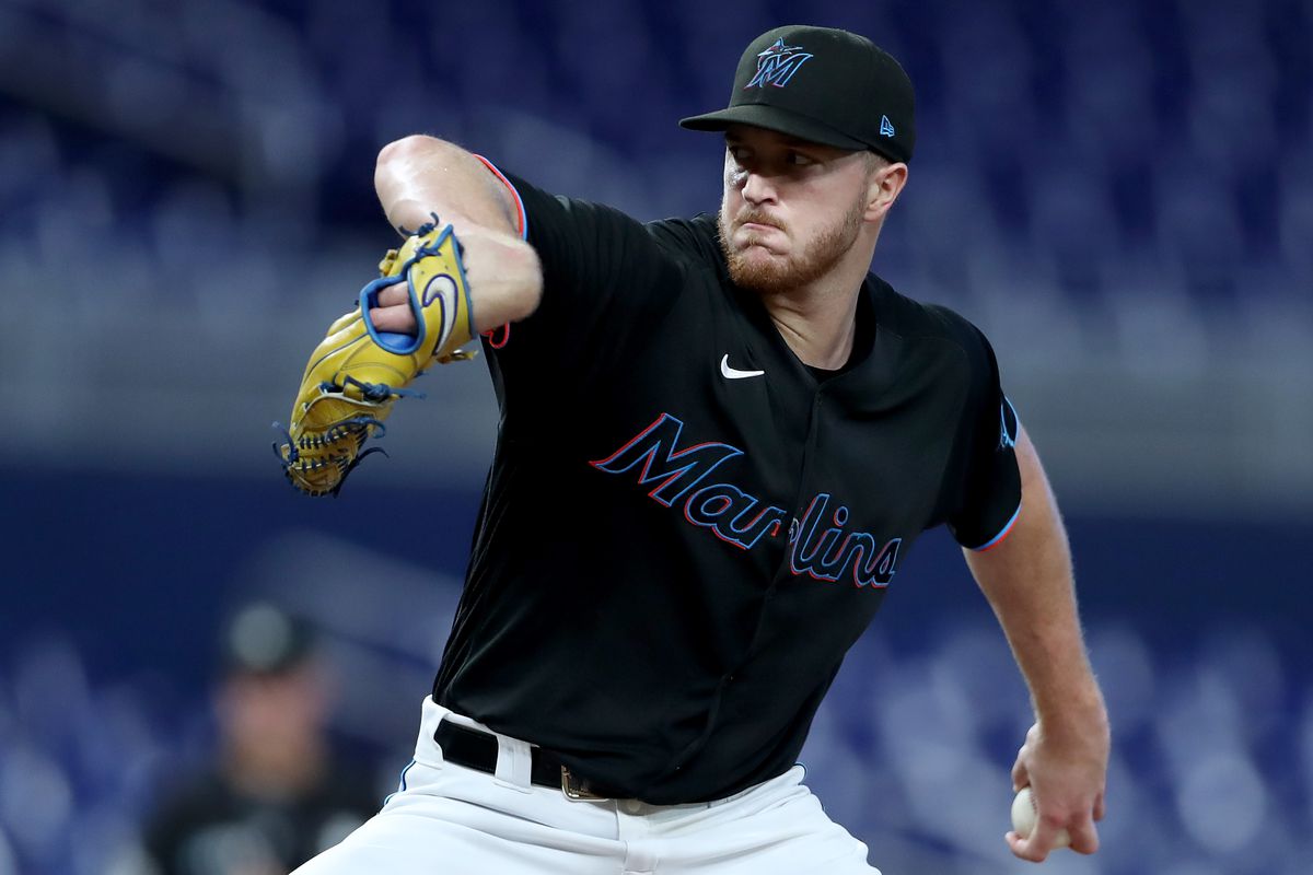 Trevor Rogers #28 of the Miami Marlins delivers a pitch against the Texas Rangers during game one of a doubleheader at loanDepot park on September 12, 2022 in Miami, Florida.