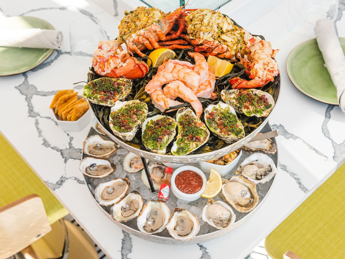 The Imperial tower ($144) comes with 18 oysters, eight clams, six shrimp, smoked mussels, oysters rockefeller, whole lobster. and blue crab “Imperial”