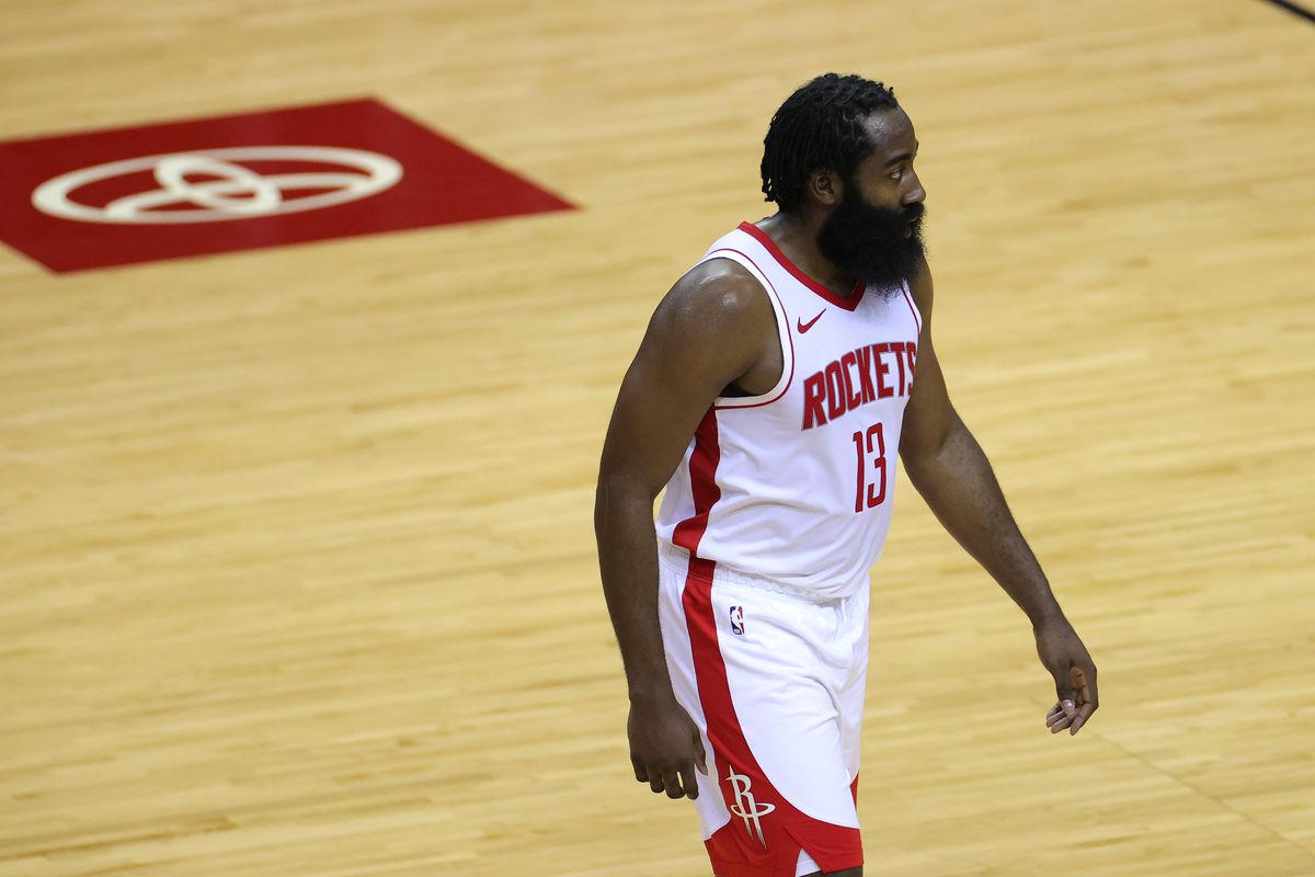 James Harden of the Houston Rockets looks on during the second half of a game against the San Antonio Spurs at the Toyota Center on December 17, 2020 in Houston, Texas.