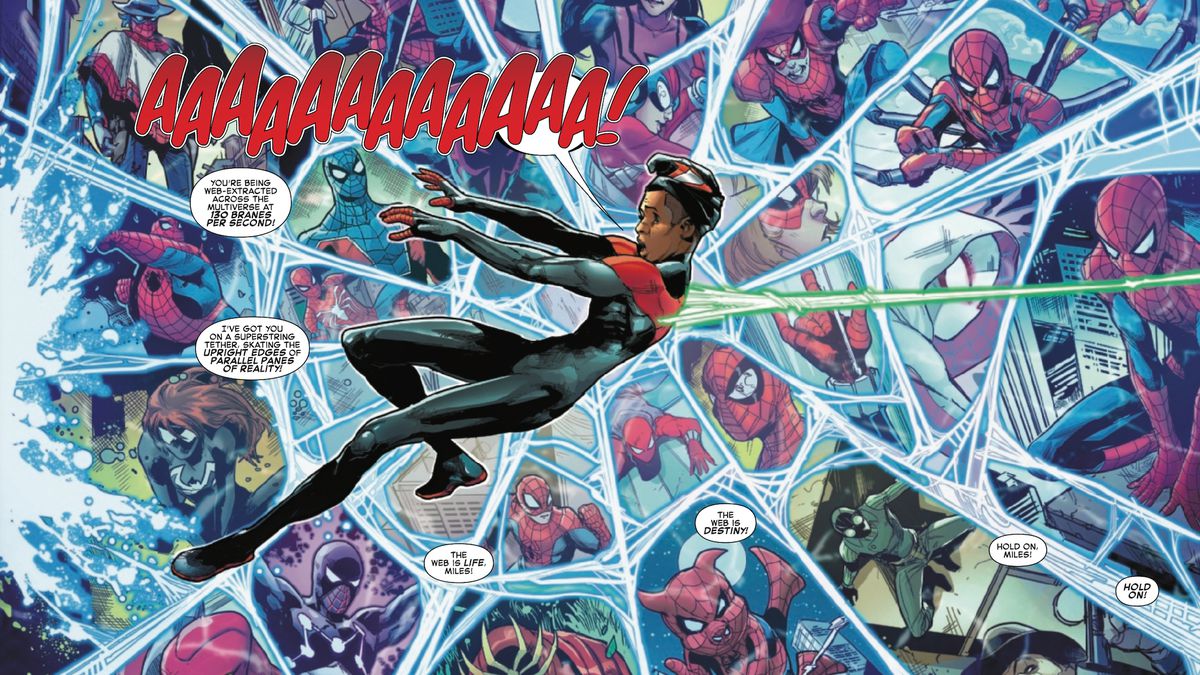 Miles Morales is pulled across dimensions in Spider-Verse #1, Marvel Comics (2019). 