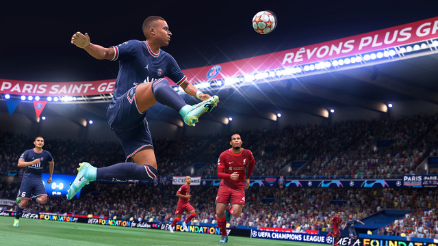 World superstar Kylian Mbappe of Paris-St. Germain makes a midair volley with his right foot extended.