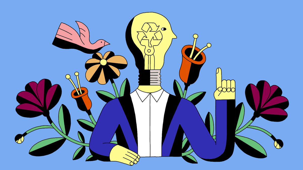 A figure holds their finger in the air. Their head is a lightbulb with the recycling symbol inside. Flowers and a bird surround the figure.