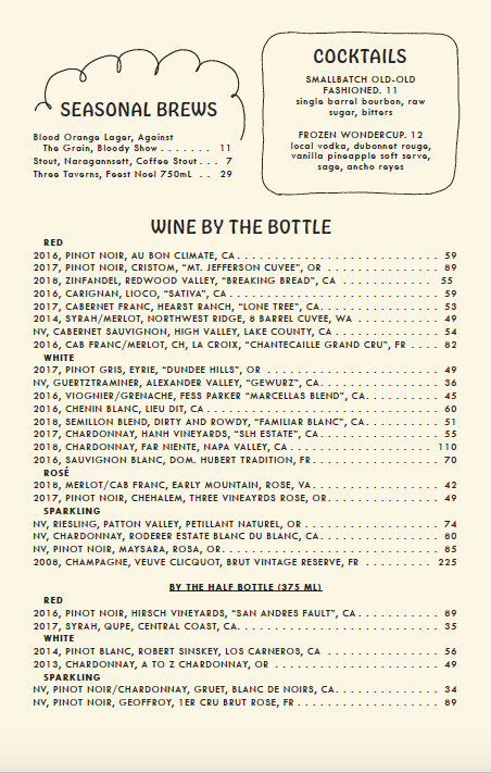 wines and beer menu