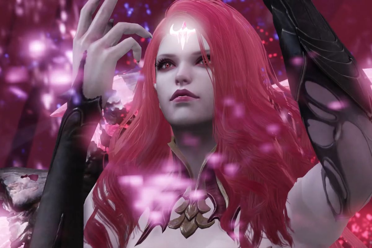 Vykas, the boss of Lost Ark’s new Legion Raid, lifts her hands in the air while surrounded by pink glowing lights