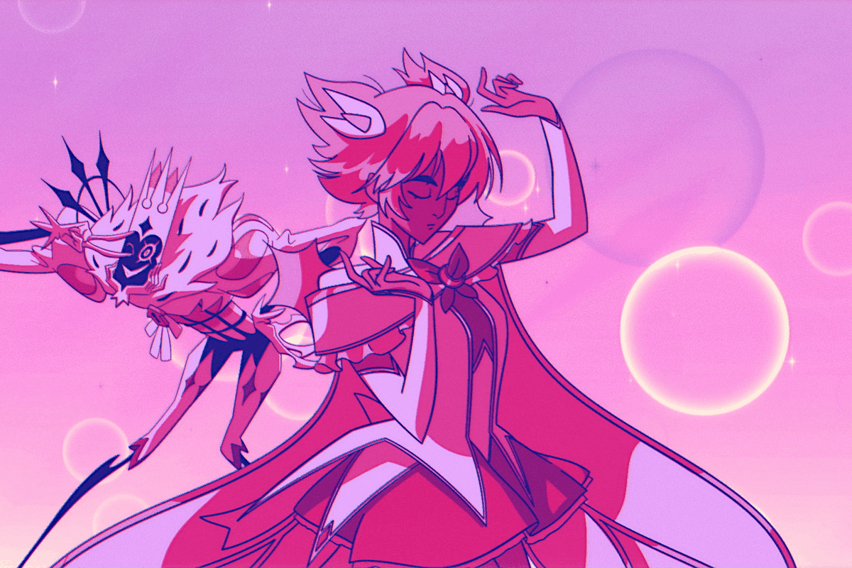 Sessions: Star Guardian Taliyah - Star Guardian Taliyah, in her magical girl apparel, dances with Star Nemesis Fiddlesticks in a very chill, pink scene.