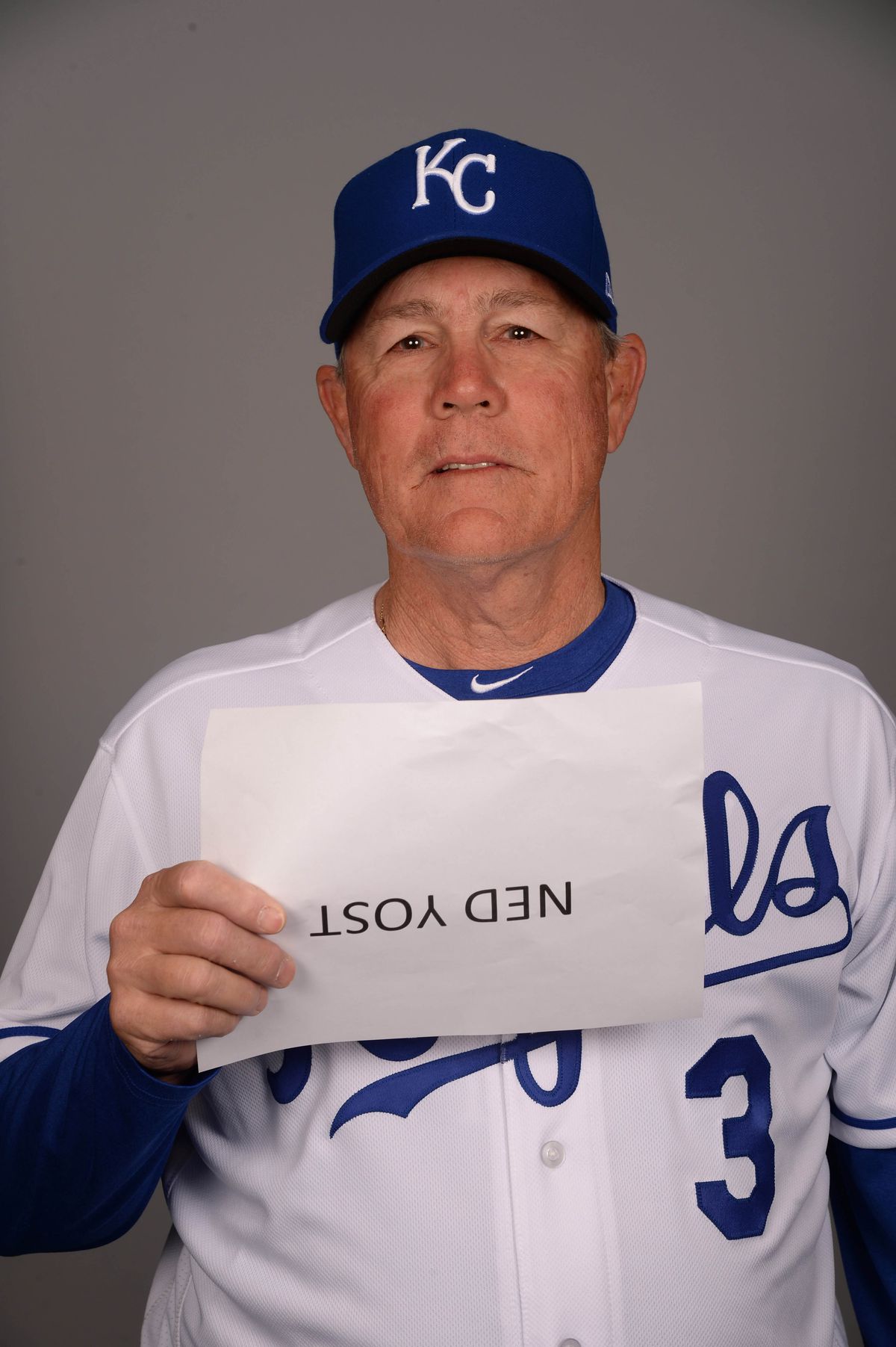 Kansas City Royals manager Ned Yost (3) poses for a photo during media day at Surprise Stadium. Mandatory Credit: Joe Camporeale