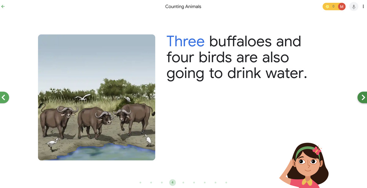 Screenshot of a story in Read Along.  The text reads: Three buffaloes and four birds are going to drink water.