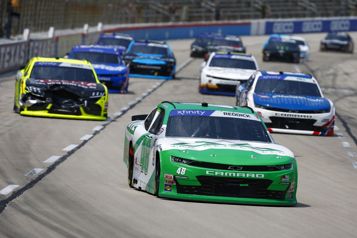 Tyler Reddick, driver of the #48 Big Machine Racing/JAG Metals Chevrolet, leads the field during the NASCAR Xfinity Series SRS Distribution 250 at Texas Motor Speedway on May 21, 2022 in Fort Worth, Texas.