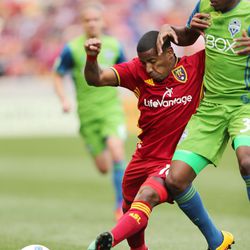 Real Salt Lake forward Joao Plata (10) and Seattle Sounders forward Brad Evans (3) compete in Sandy on Saturday, March 12, 2016. Real won 2-1. 