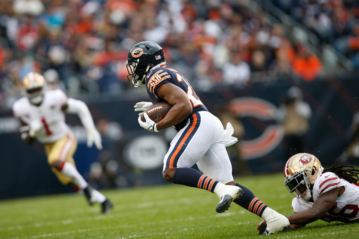 Khalil Herbert #24 of the Chicago Bears rushes during the game against the San Francisco 49ers at Soldier Field on October 31, 2021 in Chicago, Illinois. The 49eres defeated the Bears 33-22.