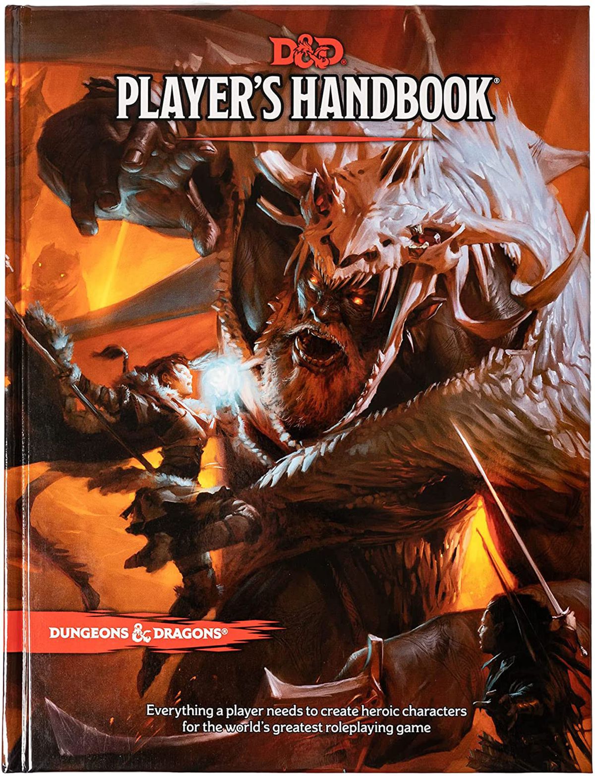 A warrior dressed in fur legging and carryuing a magic staff leaps toward a giant wearing a massive skull for a helmet. This is the cover of the Player’s handbook, first published in 2014