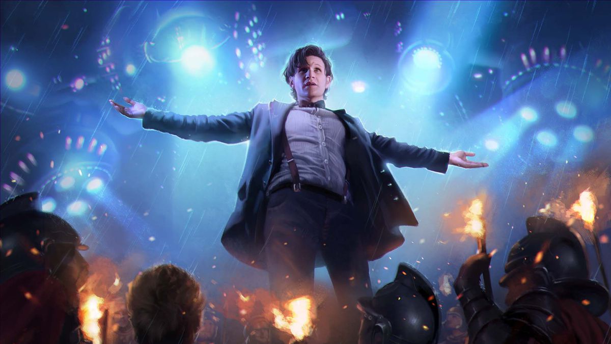Matt Smith as the Doctor in Doctor Who, medieval helmets with fiery torches backlit by a massive spaceship.