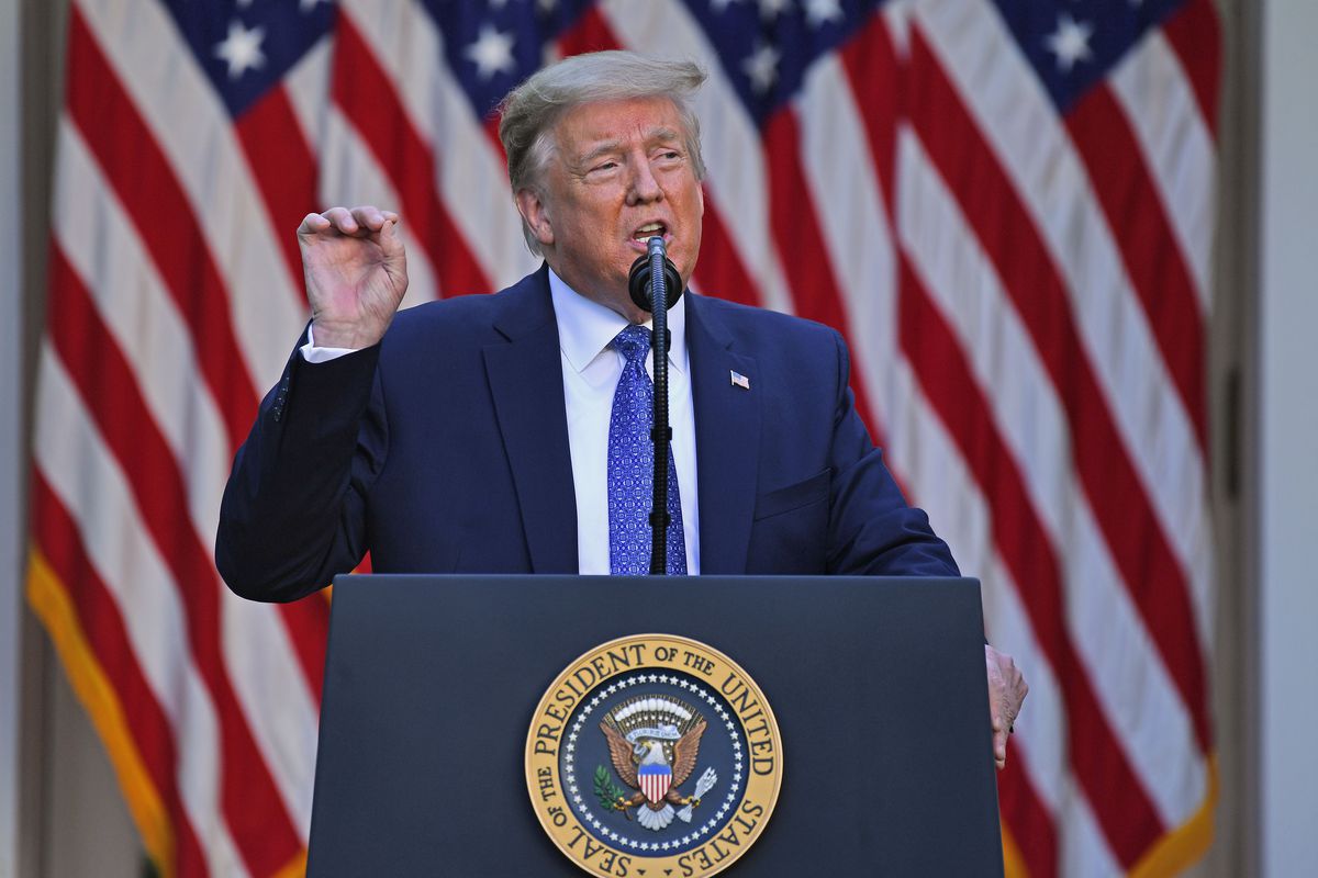 President Donald Trump speaking from a podium June 1, 2020.