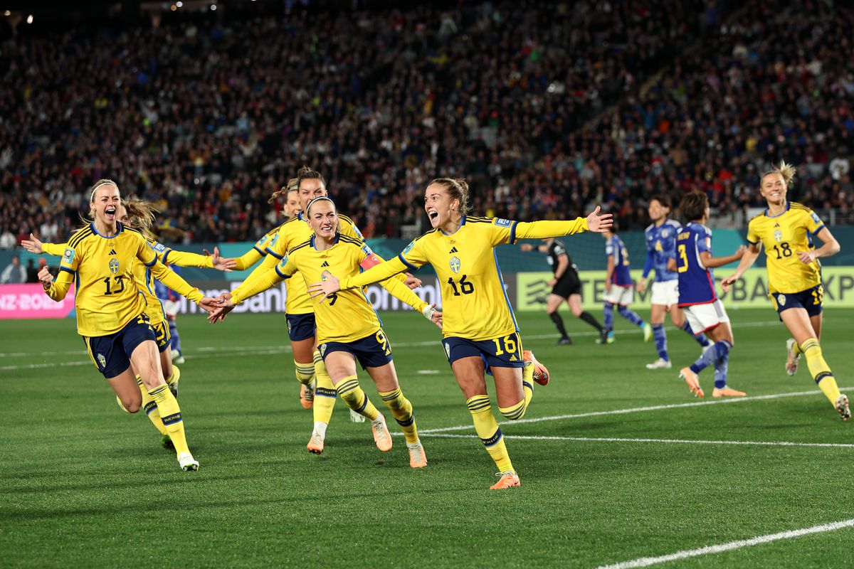 Filippa Angeldal (1st R) of Sweden celebrates with teammates after scoring her team’s second goal during the FIFA Women’s World Cup Australia &amp; New Zealand 2023 Quarter Final match between Japan and Sweden at Eden Park on August 11, 2023 in Auckland, New Zealand.