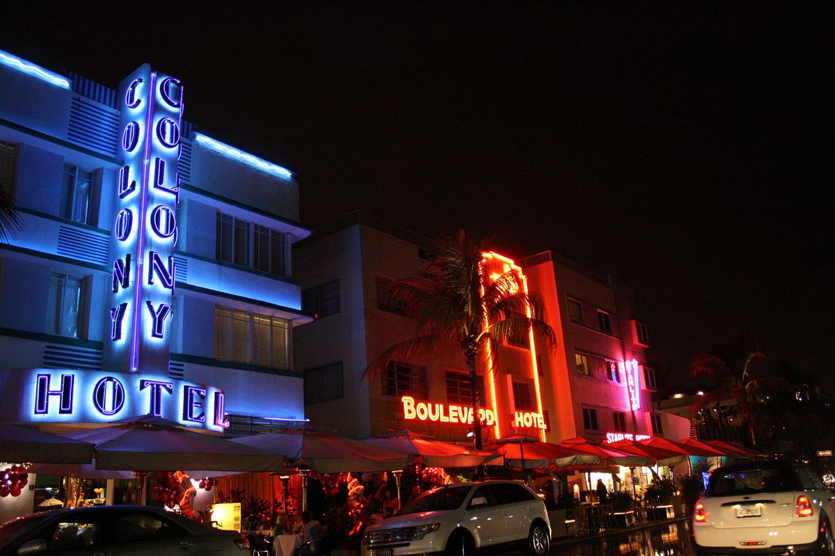 The bright neon lights of Ocean Drive hotels in South Beach