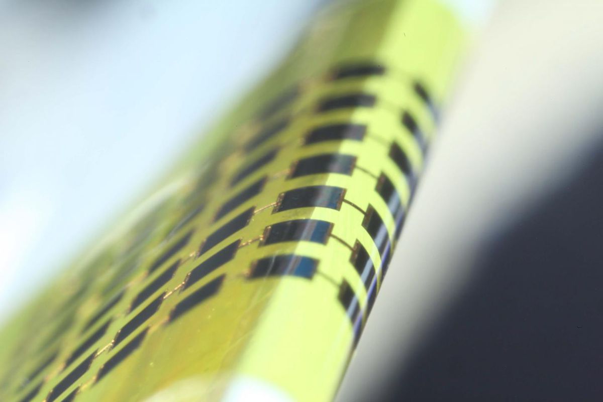 Solar cells, wrapped around a glass panel about 1mm thick.