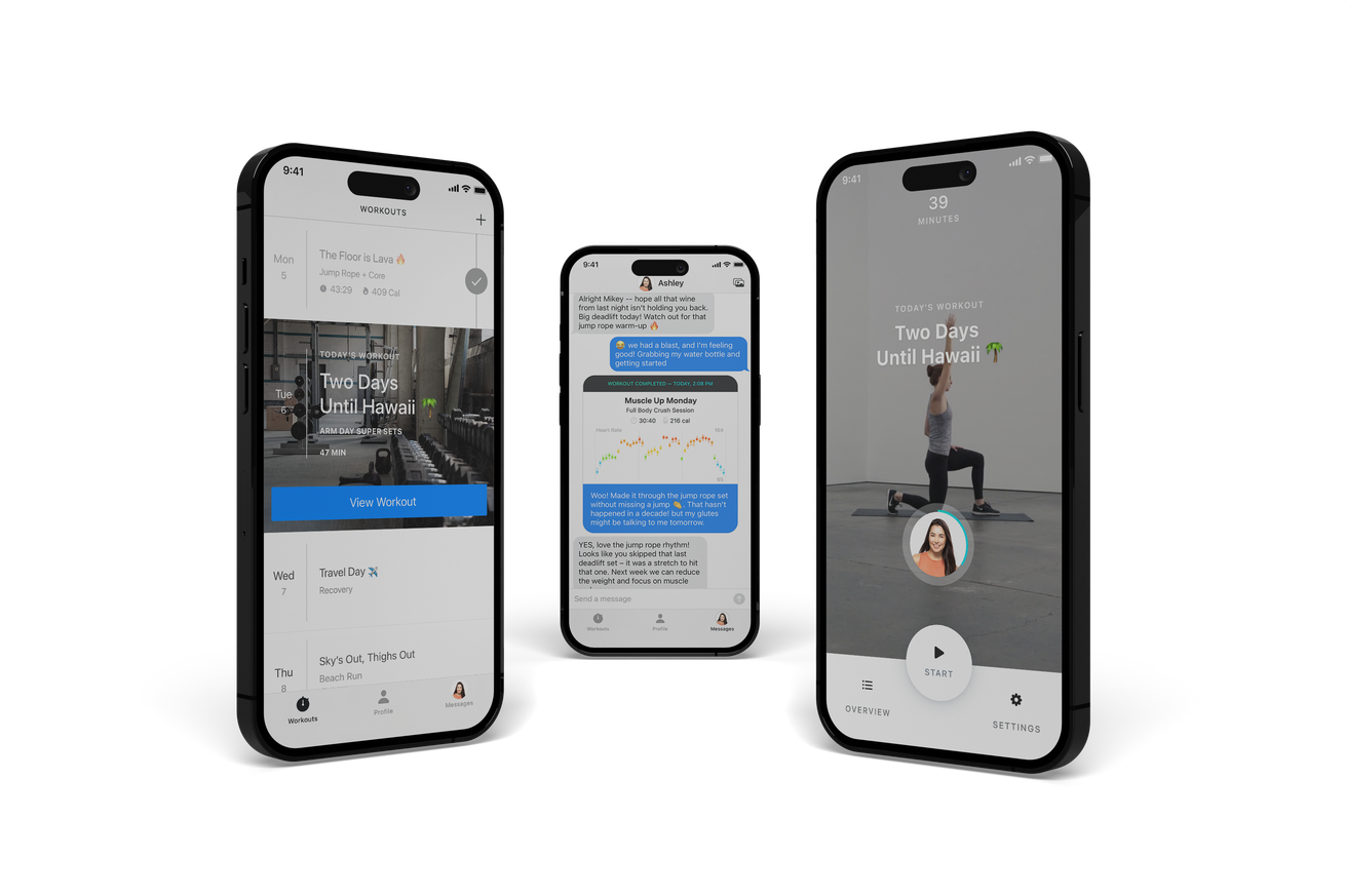 Three iPhone screens showing screenshots of Future Personal Training.