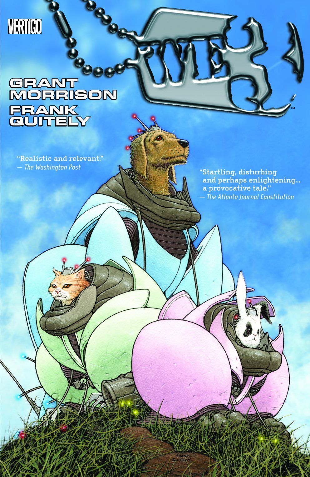 A dog, a cat, and a rabbit, all augmented by bubble-like suits of overlapping armor plates, on the cover of WE3. 