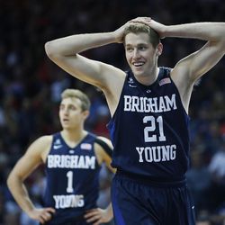 Brigham Young Cougars forward Kyle Davis (21) disagrees with a ref's call during the WCC tournament in Las Vegas Monday, March 7, 2016. BYU lost 88-84.