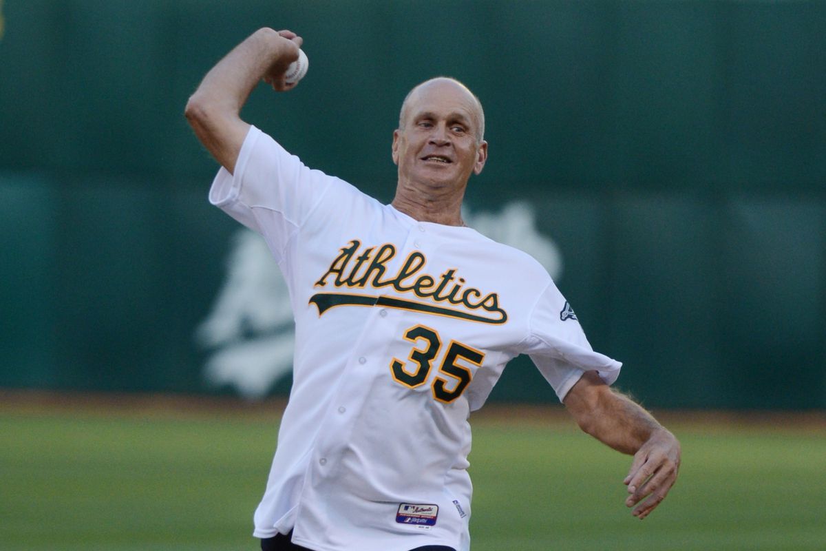 Bob Welch throws out the first pitch before game 2 of the ALCS against the Tigers in Oakland