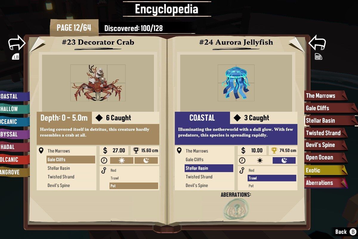 A screenshot of Dredge’s Encyclopedia, open to the Aurora Jellyfish page