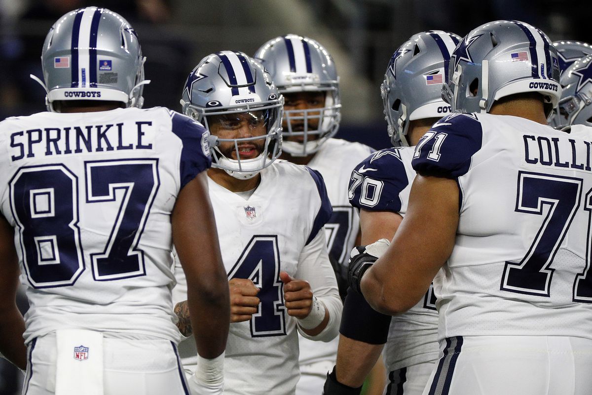 Dak Prescott #4 of the Dallas Cowboys is seen in the huddle during the game against the Arizona Cardinals at AT&amp;T Stadium on January 02, 2022 in Arlington, Texas.