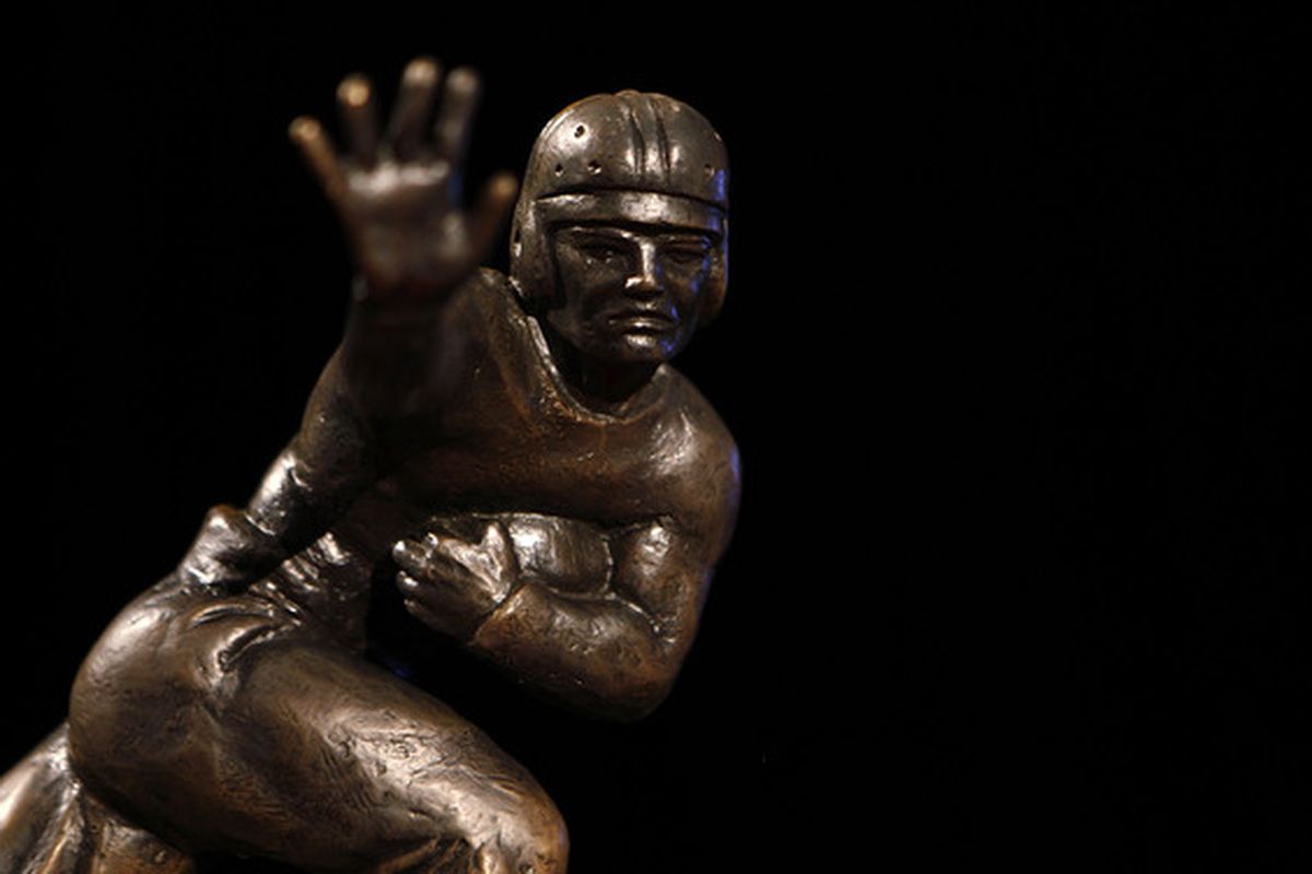 NEW YORK - DECEMBER 11:  The 2010 Heisman Trophy is displayed prior to a press conference for Heisman Trophy candidates at The New York Marriott Marquis on December 11 2010 in New York City. (Photo by Jeff Zelevansky/Getty Images)