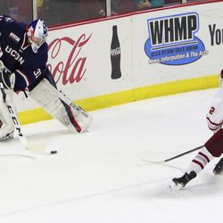The UConn Huskies take on the UMass Minutemen in a men’s college hockey game at the Mullins Center in Amherst, MA on February 21, 2019.