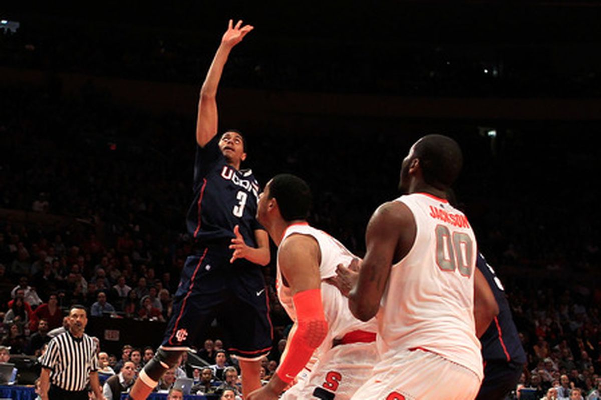 NEW YORK, NY - MARCH 11:  Jeremy Lamb of the Connecticut Huskies shoots the game winning basket against the Syracuse Orange.