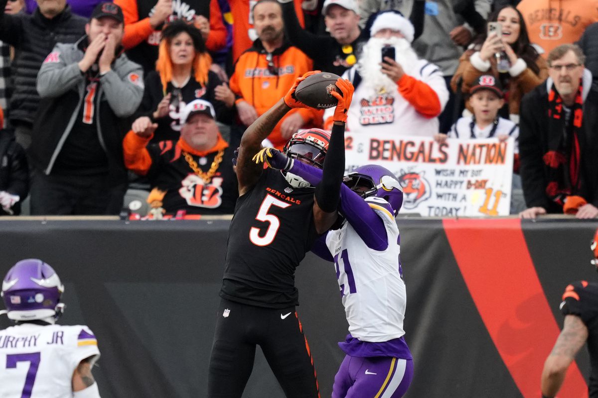Tee Higgins #5 of the Cincinnati Bengals catches the ball for a touchdown in the fourth quarter of the game against the Minnesota Vikings at Paycor Stadium on December 16, 2023 in Cincinnati, Ohio.