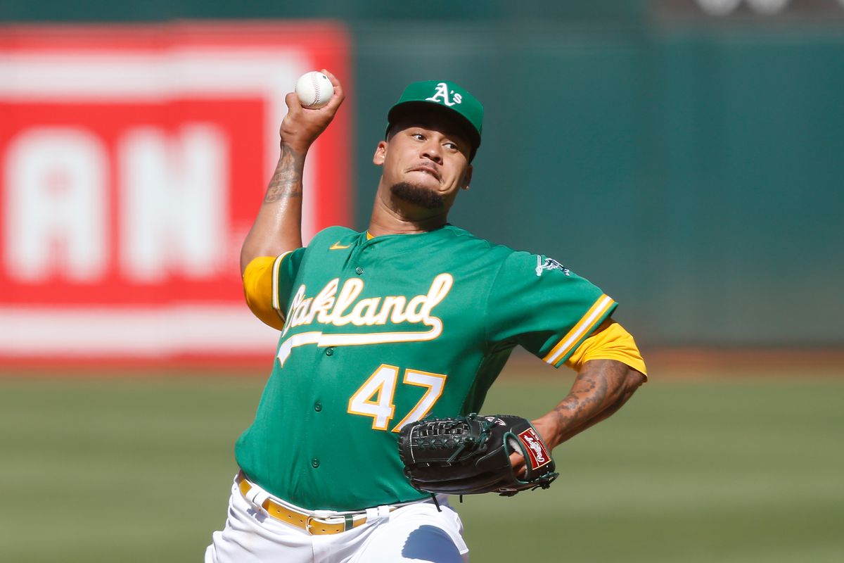 Frankie Montas #47 of the Oakland Athletics pitches against the Detroit Tigers during game two of a doubleheader at RingCentral Coliseum on July 21, 2022 in Oakland, California.