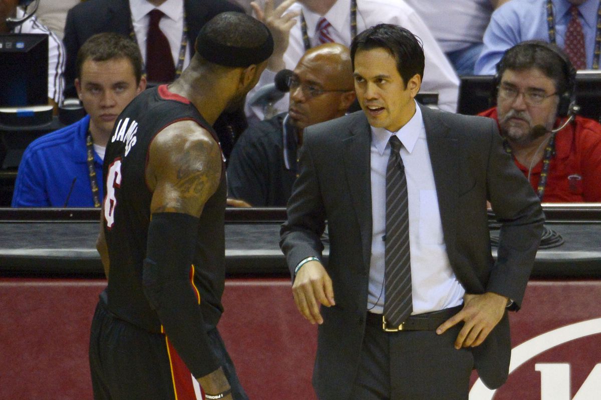 Spoelstra talking to LeBron James during Game 4 of the NBA Finals
