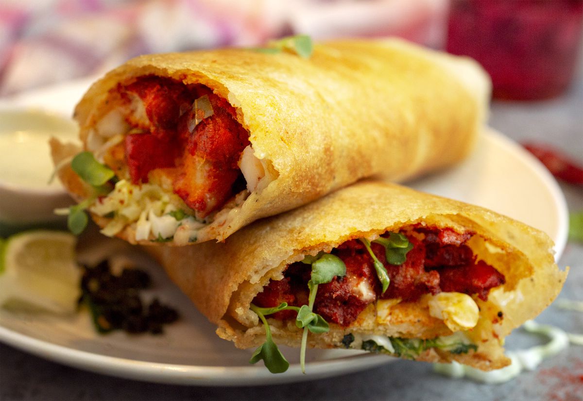A dosa stuffed with soy protein chicken.