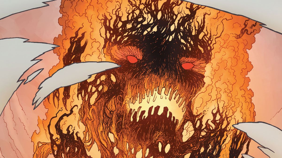 Groot, in the form of a sky-scraper-sized flaming mass of spikey wood, his eyes and wood-toothy mouth glowing balefully as he smashes into a desert in Guardians of the Galaxy #1 (2023).