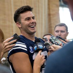 Brigham Young University quarterback Tanner Mangum talks to reporters at the school's indoor practice facility in Provo on Wednesday, Aug. 2, 2017.