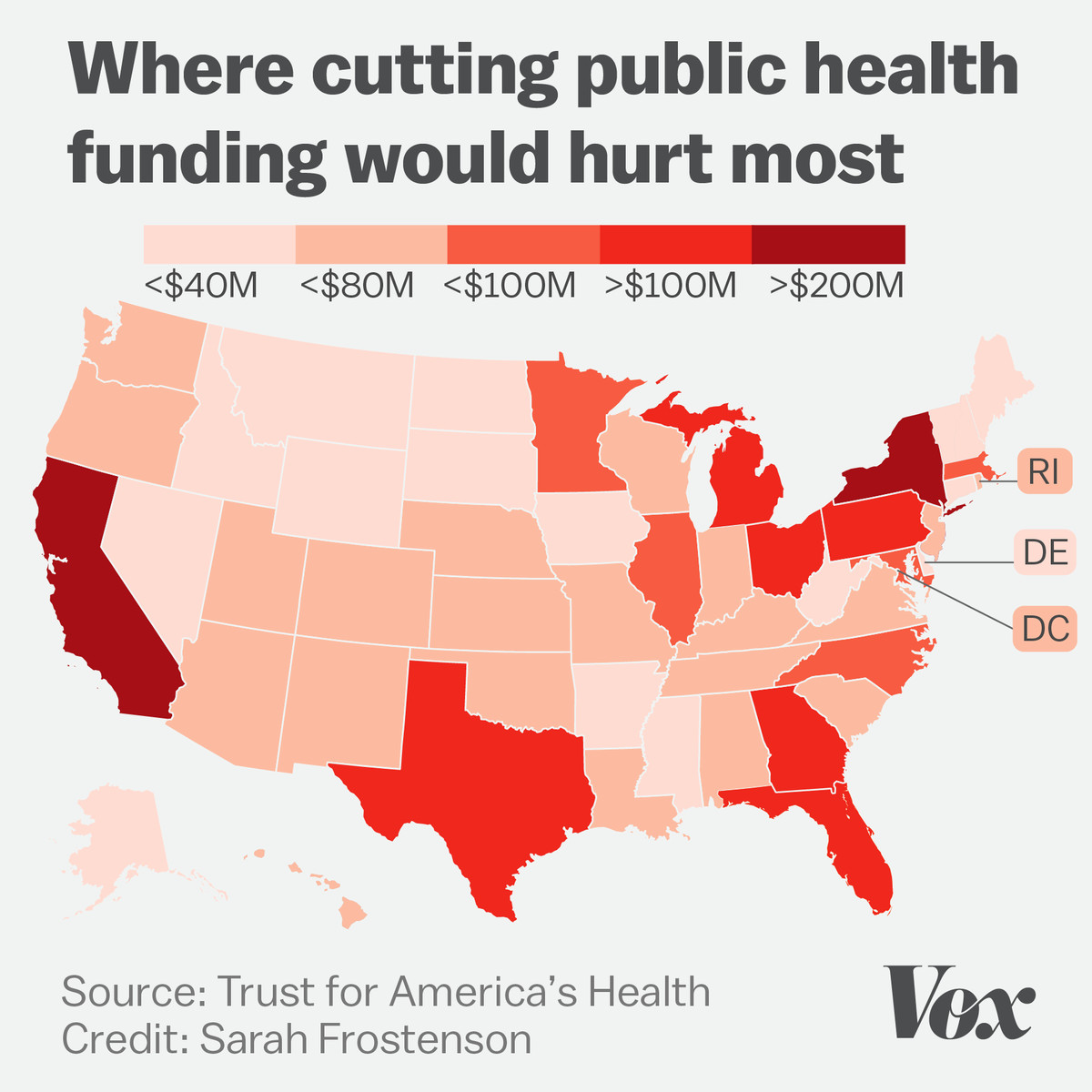 Map showing which states would be hardest hit by the proposed budget cuts from repealing ACA 