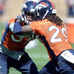 Broncos first round draft pick Bradley Roby (29) battles with a teammate during OTAs.
